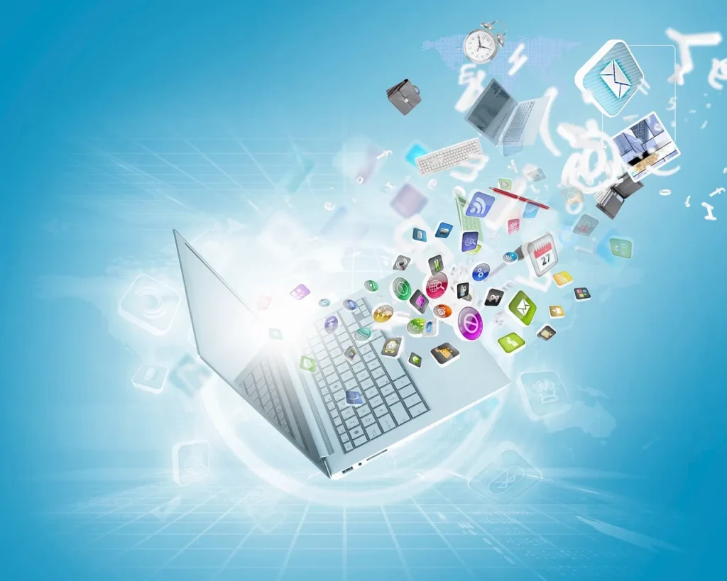 A laptop with an explosion of app icons coming out of it