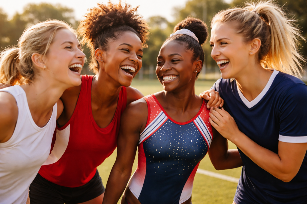 A group of sportswomen laughing together